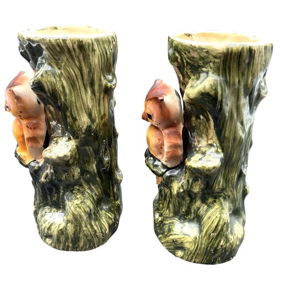 Vintage Owl Tree Trunk Ceramic Vases Hand Painted Set Of 2 - 5"H x 3"W - Picture 4 of 7